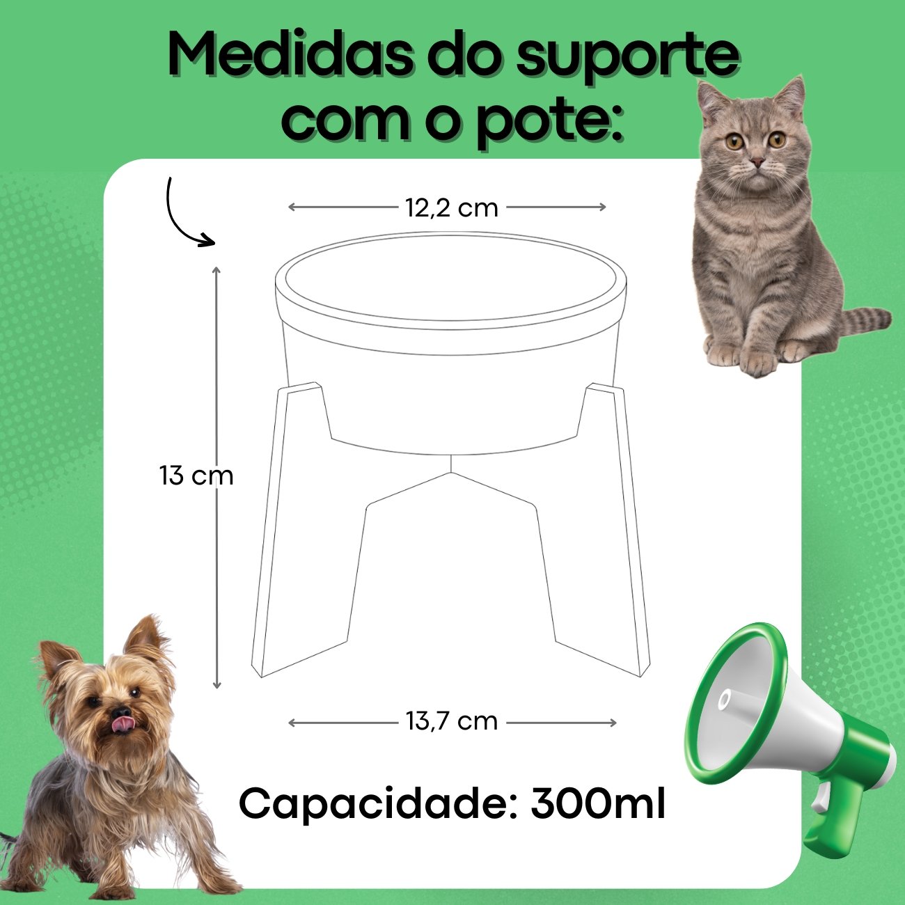 15375372150-medidas-suporte-com-o-pote-1.jpg Comedouro Elevado C/ Pote de Porcelana Pet-X Várias Estampas - Imagem 3